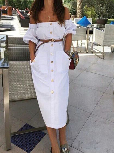 

Vacation Cold Shoulder Short Sleeve Loose Plain Midi Dress With Belt, White, Midi Dresses