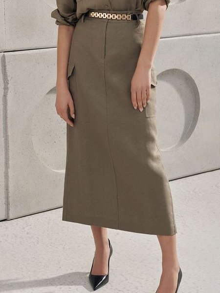 

Regular Fit Pocket Stitching Urban Plain Skirt, Coffee, Skirts