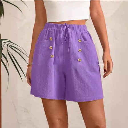 Plain Cotton And Linen Loose Casual Shorts, Purple, Shorts