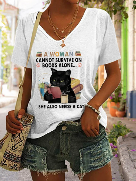 

A Woman Cannot Survive On Books Alone She Also Needs A Cat Print Short Sleeve T-Shirt, White, T-shirts