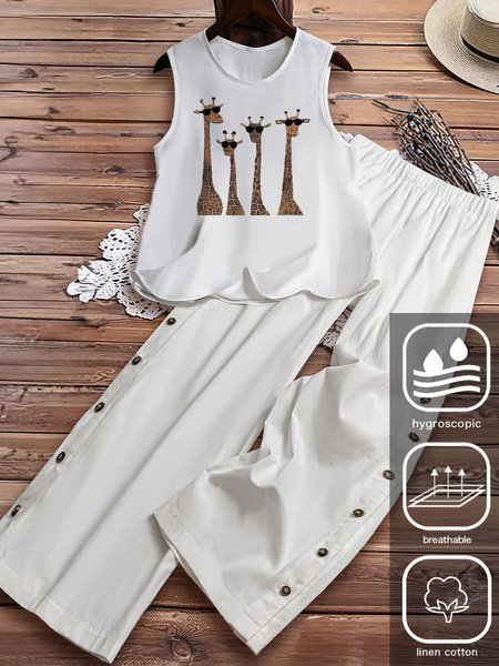 

Women's Buckle Animal Daily Going Out Two Piece Set Sleeveless Casual Summer Top With Pants Matching Set White, Suit Set