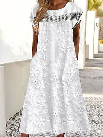 

Women Plain Crew Neck Short Sleeve Comfy Casual Lace Maxi Dress, White, Dresses