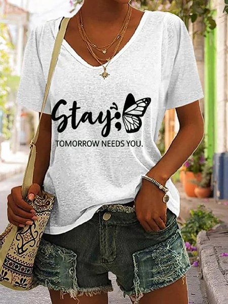 

Casual Butterfly V Neck Short Sleeve T-shirt, White, T-shirts