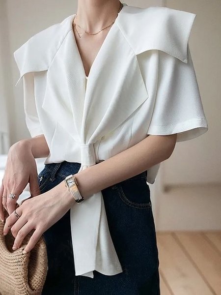 

Plain Urban Loose Shawl Collar Shirt, White, Blouses and Shirts