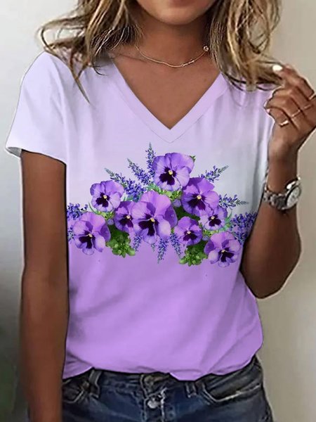 

Casual Floral V Neck Short Sleeve T-shirt, Purple, T-shirts