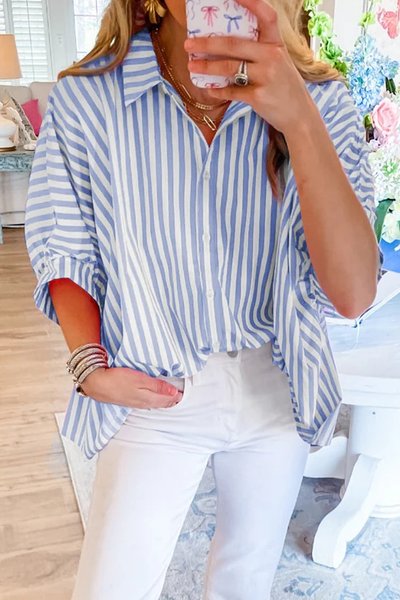 

Casual Striped Loose Blouse, Blue-white, Blouses & Shirts