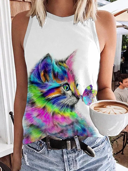 

Casual Crew Neck Cat Tank Top, White, Tanks & Camis
