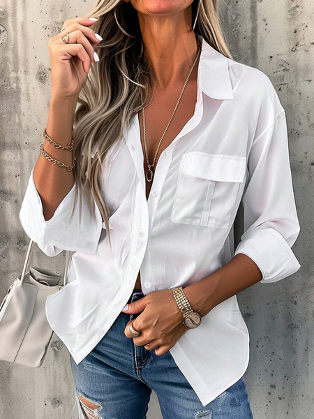 

Women's Long Sleeve Shirt Summer Plain Shirt Collar Daily Going Out Simple Top White, Shirts & Blouses