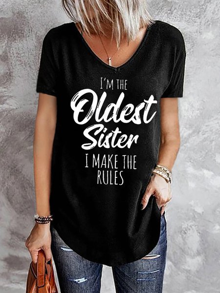 

Casual Text Letters V Neck Short Sleeve T-shirt, Black, T-shirts
