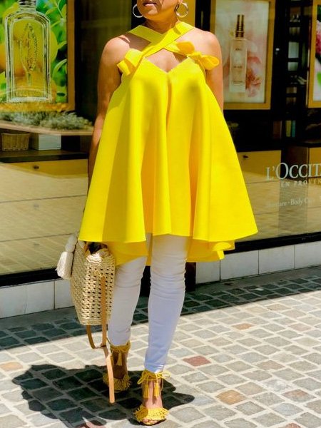 

Plain Spaghetti Knot Front Urban Tank Top, Yellow, Tanks and Camis