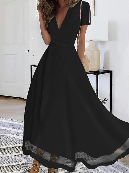 

Women Plain V Neck Short Sleeve Comfy Casual Mesh Maxi Dress, Black, Dresses