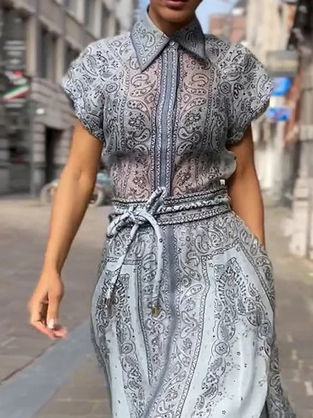 

Paisley Urban Shirt Collar Short Sleeve Loose Blouse, Blue, Blouses and Shirts
