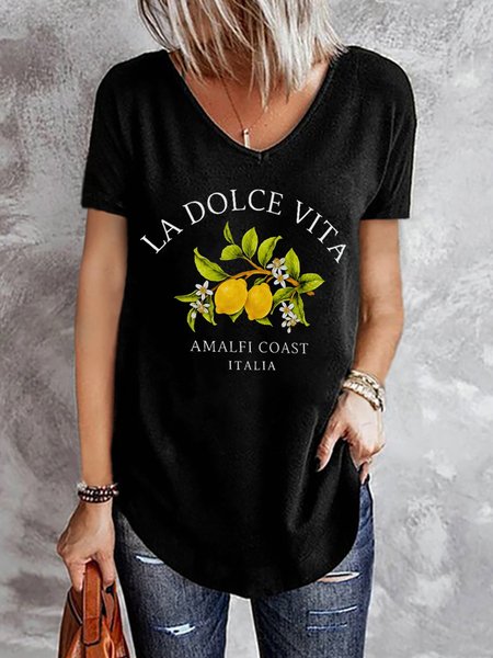 

Casual Text Letters V Neck Short Sleeve T-shirt, Black, T-shirts