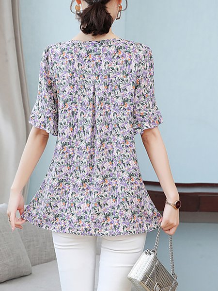 

Women's Short Sleeve Blouse Summer Small Floral V Neck Daily Going Out Simple Top Blue, Purple, Blouses