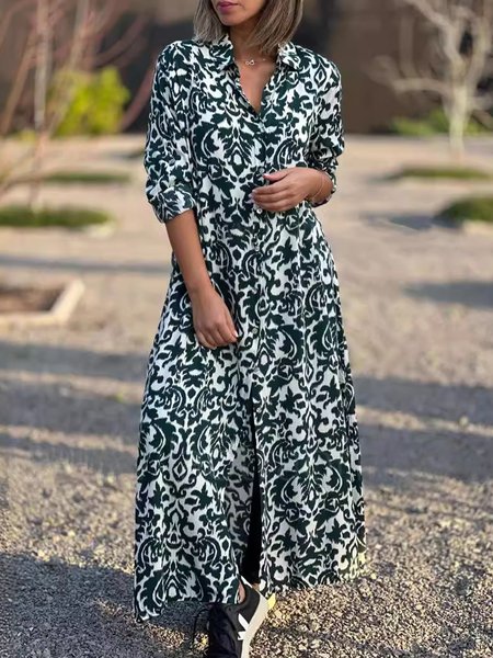 

Women Ethnic Shirt Collar Three Quarter Sleeve Comfy Casual Maxi Dress, Green, Dresses