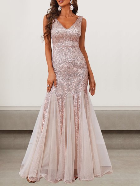 

Women Plain V Neck Sleeveless Comfy Sexy Maxi Dress, Golden, Dinner dress