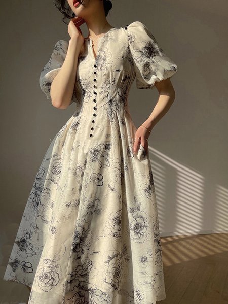 

Women Floral V Neck Short Sleeve Comfy Casual Maxi Dress, Black-white, Dresses