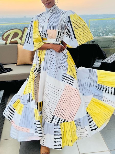 

Regular Fit Stand Collar Vacation Abstract Graphic Maxi Dress With Belt, As picture, Maxi Dresses