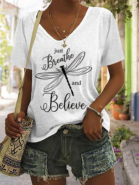 

Casual Dragonfly V Neck Short Sleeve T-shirt, White, T-shirts