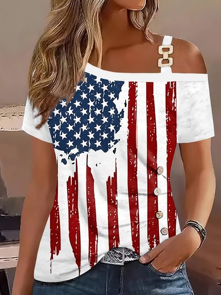 

Casual America Flag Crew Neck Short Sleeve T-shirt, White-red, T-shirts