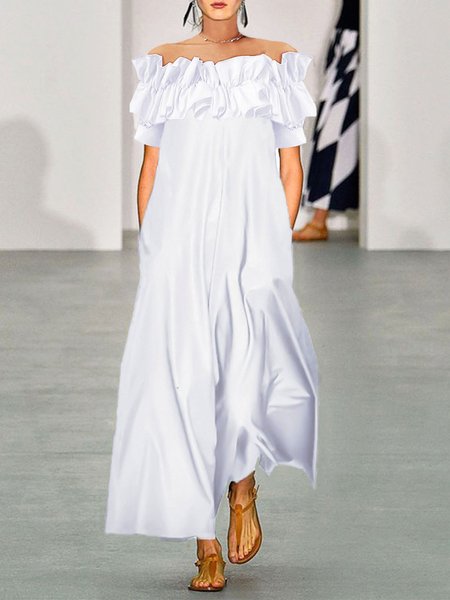 

Boat Neck Flouncing Loose Urban Pockets Plain Dress, White, Maxi Dresses