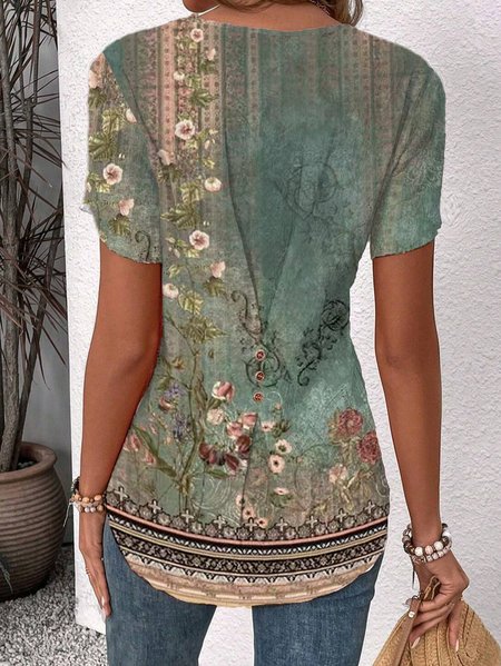 

Women's Short Sleeve Blouse Summer Ethnic Buttoned Notched Petal Sleeve Daily Going Out Simple Top Green, Blouses
