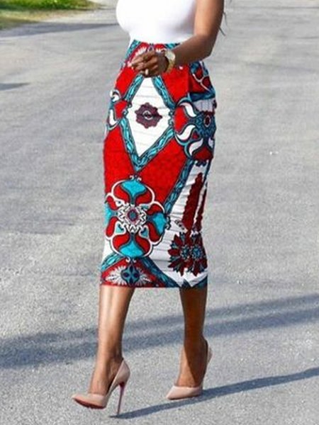 

Random Print Regular Fit Urban Midi Skirt, Red, Skirts