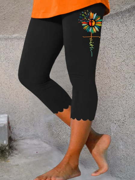 

Casual Floral Capris Leggings, Black, Leggings