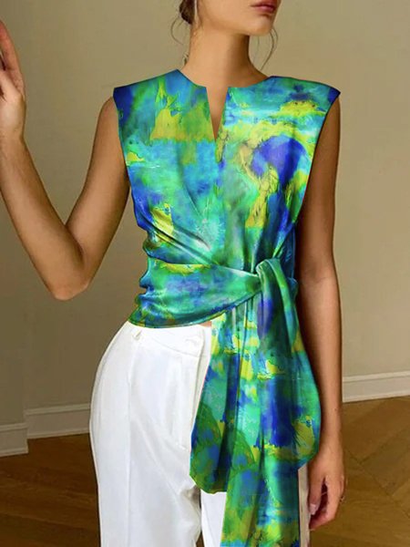 Vacation Loose Printing Notched Tank Top, As picture, Vests and Gilets