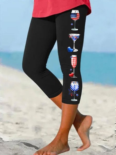 

Casual America Flag Capris Leggings, Black, Leggings