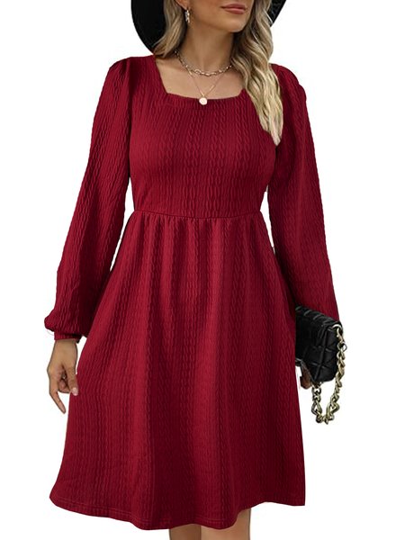 

Women's Long Sleeve Summer Wine Red Plain Square Neck Balloon Sleeve Daily Going Out Casual Knee Length A-Line Dress, Dresses