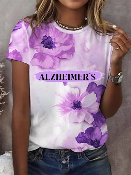

Casual Floral Crew Neck Short Sleeve T-shirt, Purple, T-shirts