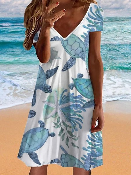 Women Sea V Neck Short Sleeve Comfy Casual Mini Dress, White, Dresses
