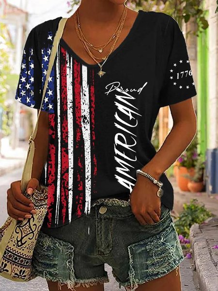 

Women's Short Sleeve Tee T-shirt Summer Independence Day (Flag) V Neck Daily Going Out Casual Top Black, T-Shirts