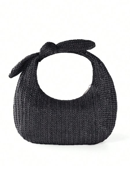 

Vacation Bowknot Straw Woven Handbag Crescent Bag, Black, Bags