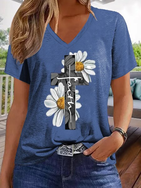 

Casual Letter Pattern V Neck Short Sleeve T-shirt, Blue, T-shirts