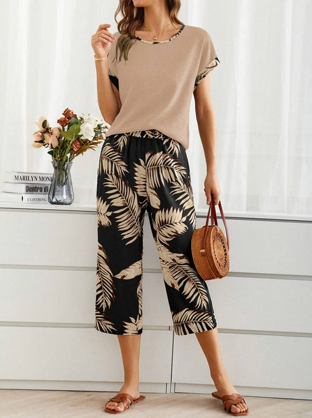 

Women's Palm Leaf Daily Going Out Two Piece Set Short Sleeve Casual Summer Top With Pants Matching Set Black, Khaki, Suit Set