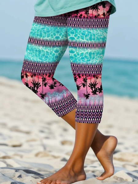 

Casual Coconut Tree Fifth Pants Leggings, Purple, Leggings