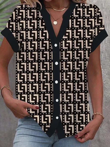 

Notched Short Sleeve Geometric Regular Loose Blouse For Women, Khaki, Blouses