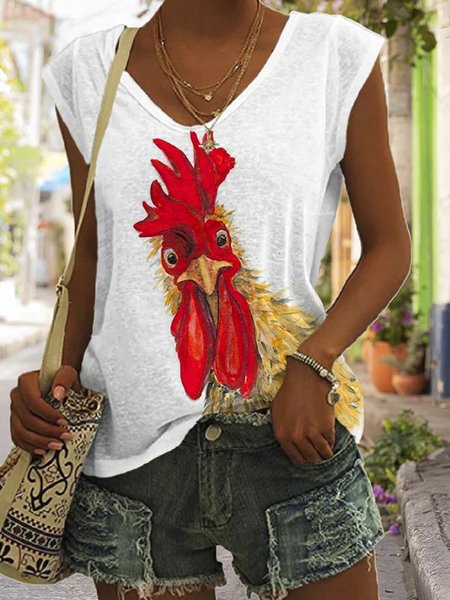 

Casual V Neck Animal Tank Top, White, Tanks & Camis