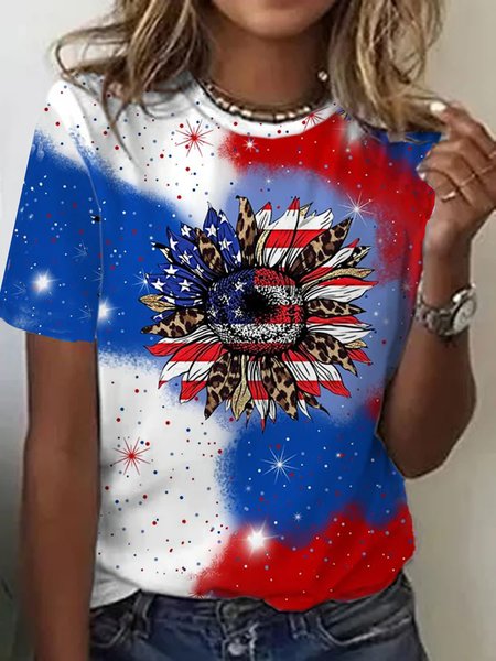 

Casual America Flag Crew Neck Short Sleeve T-shirt, Red-blue, T-shirts