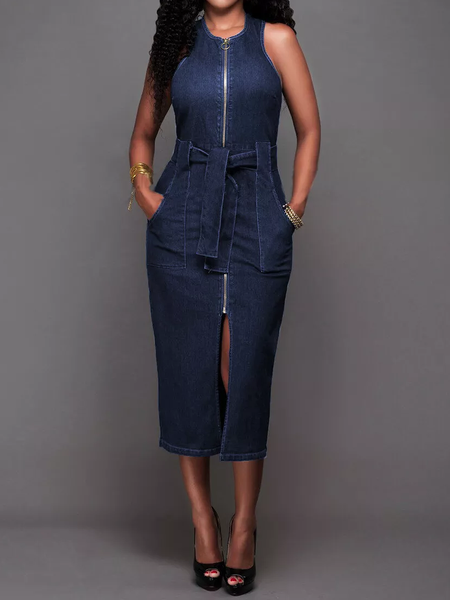 

Elegant Plain Regular Fit Sleeveless Denim Midi Dress With Belt, Denim blue, Midi Dresses