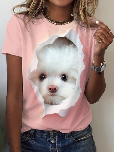 

Casual Dog Crew Neck Short Sleeve T-shirt, Pink, T-shirts