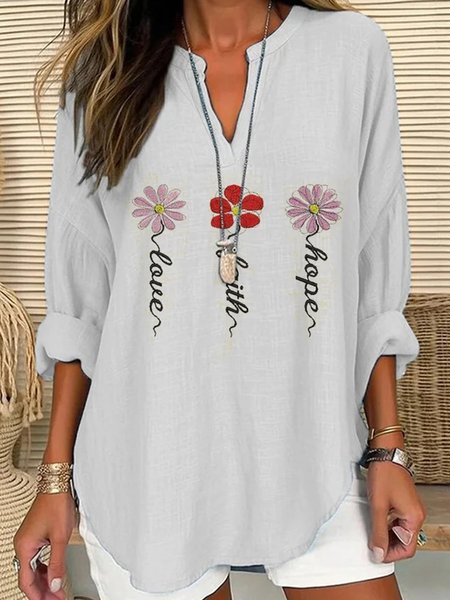 

V Neck Long Sleeve Floral Regular Loose Shirt For Women, White, Dresses