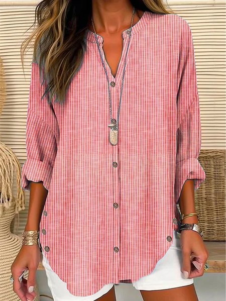 

Women's Shirt Blouse Striped Casual Long Sleeve Basic V Neck Regular Fit Spring Fall, Red, Blouses & Shirts
