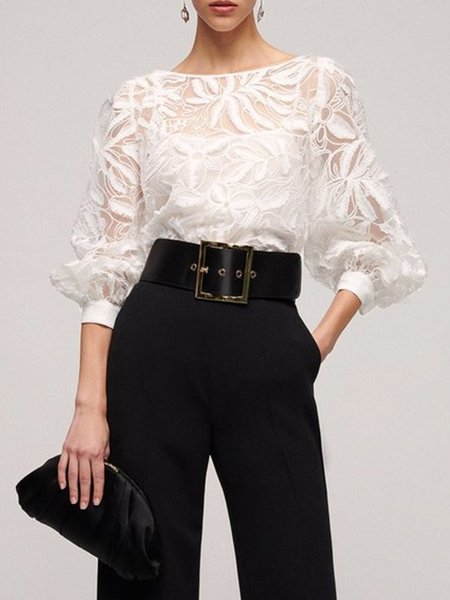 

Urban Loose Crew Neck Lace Shirt, White, Blouses and Shirts