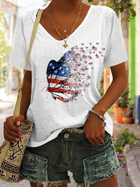 Women's independence Day Butterfly American Flag Print Casual T Shirt