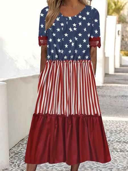 

Women Striped Crew Neck Short Sleeve Comfy Casual Maxi Dress, Blue, Dresses