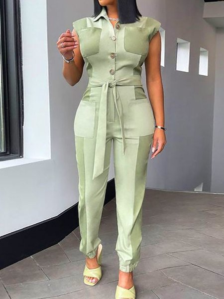 

Split Joint Shawl Collar Loose Urban Jumpsuit With Belt, Green, Jumpsuits