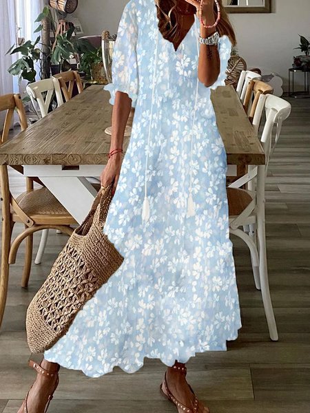 

Women Floral V Neck Half Sleeve Comfy Casual Maxi Dress, Blue, Dresses